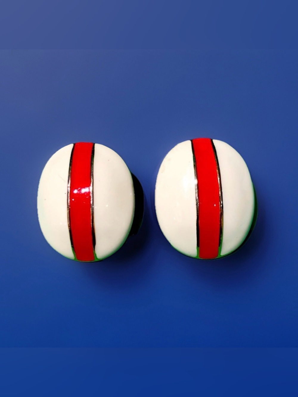 VTG Enamel Post Earrings 1-1/4”L Oval Dome White w Red Stripes Gold-tone 80’s